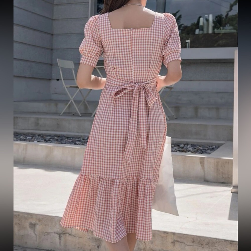 Gingham print puff sleeves dress - Picture 2 of 4